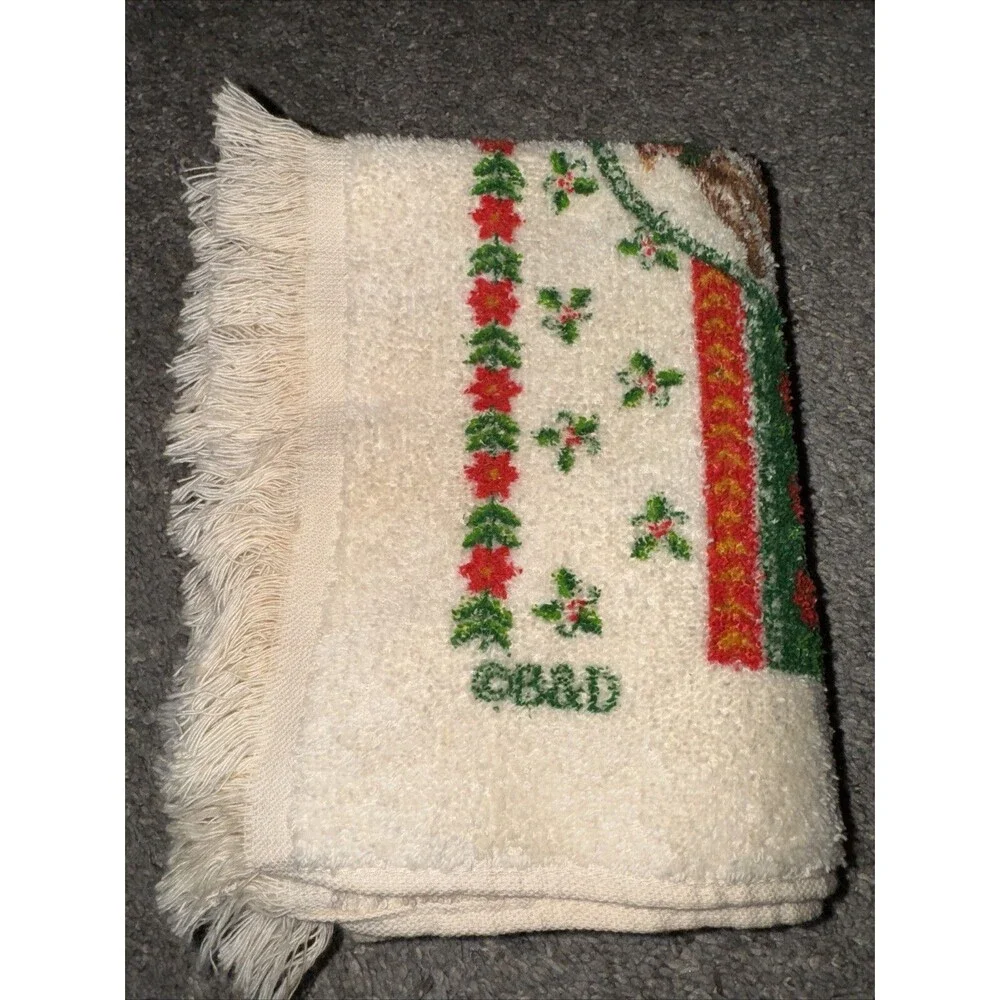 Vtg Christmas Hand Towel Rocking Horse Cotton by B&D Terry Cloth Fringed 70s